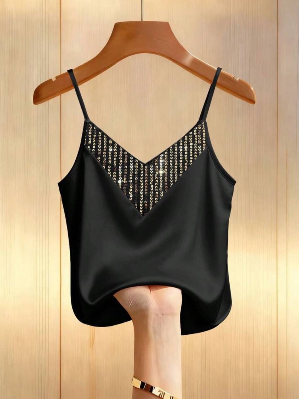 Black Sequin-Trim Spaghetti Strap Cami